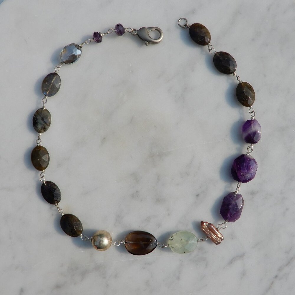 Amethyst, Agate, Keshi Pearl and Silver Bead Necklace